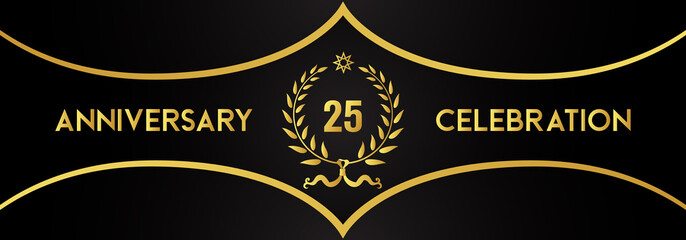 25 years anniversary celebration with gold laurel wreath and star on luxury black background. Premium design for banner, poster, weddings, happy birthday, greetings card, graduation, invitation card.