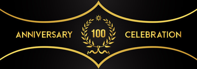 100 years anniversary celebration with gold laurel wreath and star on luxury black background. Premium design for banner, poster, weddings, happy birthday, greetings card, graduation, invitation card.