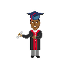 Male dark-skinned student wearing academic dress and graduation cap isolated on white background. Pixel art design. 8 bit logo for game. Character vector illustration. eps 10