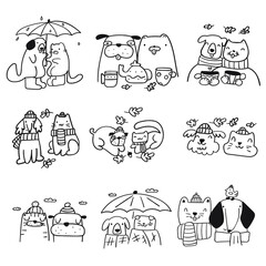Cat and dog. Autumn activities. Collection of outline vector icons on white background.