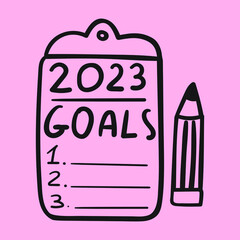 2023 goals. Vector hand drawn illustration on pink background.