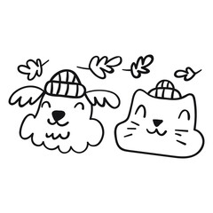 Happy animals. Cat and dog smiling and wearing winter hats. Outline illustration on white background.