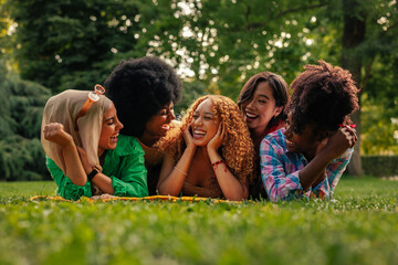 Excited young girls lying on grass