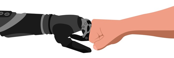 Robot Hand and Human Hand. Intelligence Technology. Symbol of future cooperation, technological progress, innovation. Concept of Diversity and Inclusion people. Flat design vector illustration. 