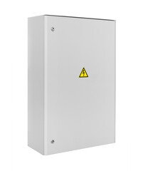Large metal electrical panel for electrical distribution in buildings, offices, houses. Electrical panel with a high voltage sign on a white background. isolated object