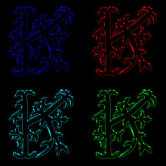 letters, plant design, flower design, red, green, blue, letter k