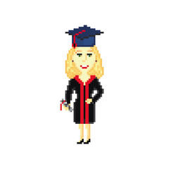 Female student wearing academic dress and graduation cap isolated on white background. Pixel art design. 8 bit logo for game. Character vector illustration. eps 10