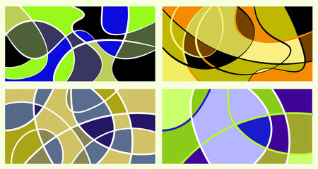 Abstract neurography. A set of 4 templates. Wavy stripes divide the plane into sectors. Neurographic design. Abstract bright pattern for cover, background, wallpaper.