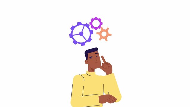 Concept of a great idea. man thinking and looking for answer, hand gesture, index finger up. Solution of the problem. Character animation in moder 2d flat style. light bulb pops up above head, Eureka