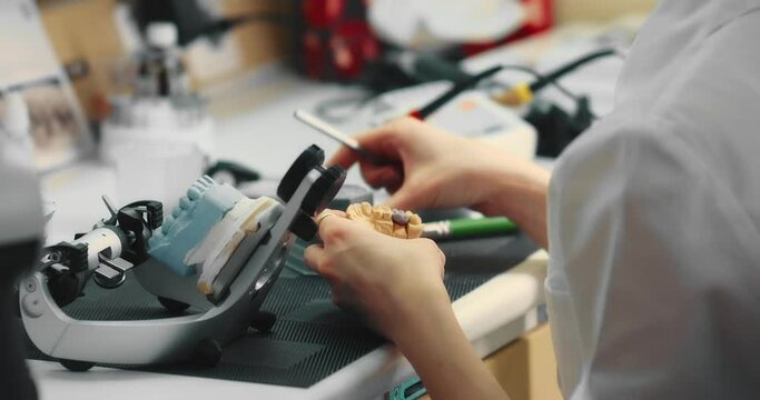 Female dental technician works with special tools with plaster models of the jaw. Installation of dental implants