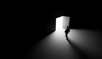 Silhouette of a man standing in front of an open door. 3d render