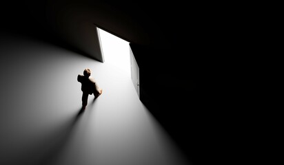 Silhouette of a man standing in front of an open door. 3d render - 514425593