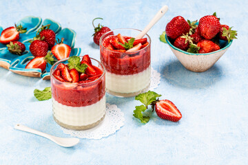 Traditional italian dessert vanilla strawberry panna cotta. top view. place for text