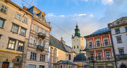 Beautiful sunset in old city center of Lviv, Ukraine