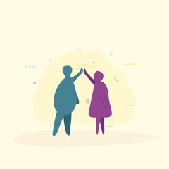 One person giving another person high five. Man and woman team working together. Abstract human drawings. Trendy vector illustration. Abstract bubble rounded characters friends.