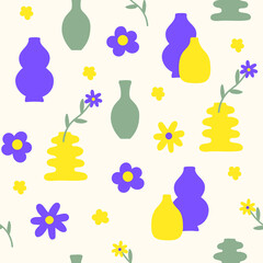 Abstract floral seamless pattern with vintage flowers and vases on a light background. Naive cute art print for wallpaper, gift paper, fabric. Yellow, blue and green colors. Vector illustration 