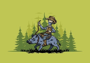 Man riding a wild boar illustration