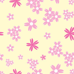 Vector yellow background white pink cherry tree flowers and cherry blossom sakura flowers. Seamless pattern background