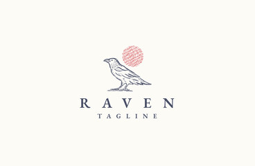 Raven bird retro vintage logo icon design template flat vector illustration