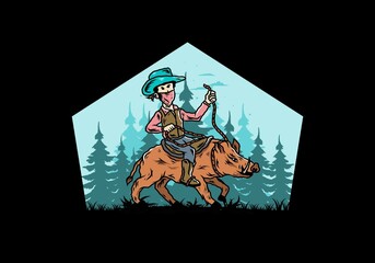 Man riding a wild boar illustration