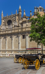 Naklejka premium Horse carriage in front of the cathedral of Sevilla, Spain