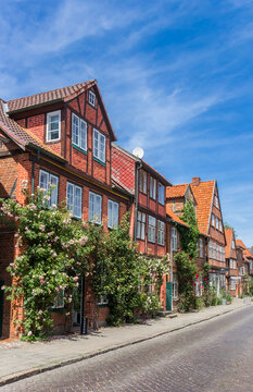 Flowers in front of houses in Eutin, Germany