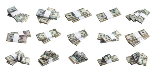 Big set of bundles of US dollar bills isolated on white. Collage with many packs of american money with high resolution on perfect white background - obrazy, fototapety, plakaty