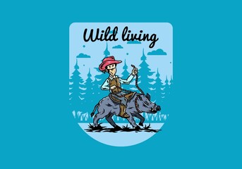 Man riding a wild boar illustration