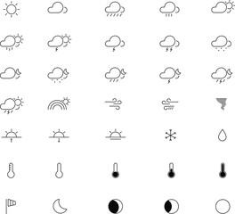 Fototapeta na wymiar Weather vector line set. Icons. Contains symbols of the sun, clouds, snowflakes, wind, rainbow, moon and more.
