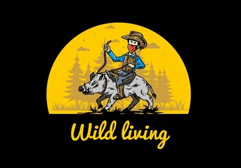 Man riding a wild boar illustration