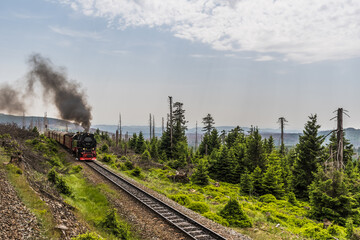 The narrow-gauge railway Brockenbahn in the German low mountain range Harz drives up the highest...