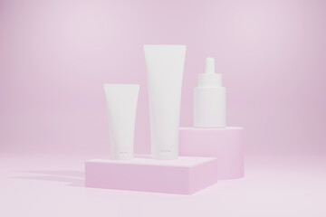podium background minimal scene with geometric platform. 3d rendering with podium. stand to show cosmetic products. Stage showcase on pedestal modern 3d studio pink pastel
