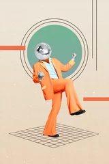 Deurstickers Collage photo of crazy energetic dancing disco ball man enjoy retro style party isolated on pastel geometry pattern background © deagreez
