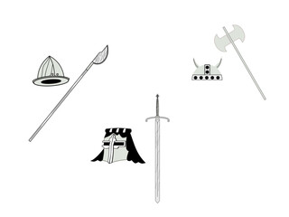Set of medieval helmets and weapons