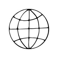 Pictogram globe doodle. Planet icon. Hand drawn vector black and white illustration.