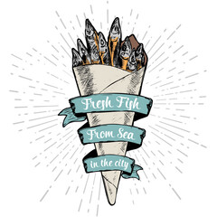 Fish in paper cone icon. Fish market vector illustration. Fresh sardines. Fast Food Background. Seafood illustration. Hand drawn doodle sketch fried fish.