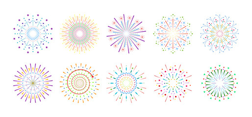 Firework sparkle ray set. Radiant sunburst abstract collection. Different shine sunrays or fireworks sparkles rays. Sunlight circle graphic design elements. Colorful multiple sun light burst options