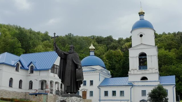 Makaryevsky men Monastery on the banks of the Sviyaga and the Volga River. Christianity and Orthodoxy. A picturesque peaceful place on the water. Forest hills. Pilgrimage and Diocese. Drone footage. 