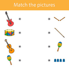 Game for children. Find a match. Musical instruments. The development of logical thinking in preschool children. Vector illustration