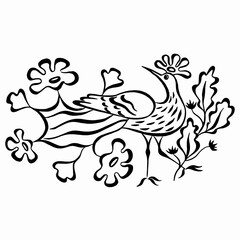 Exotic stylized bird and flowers. Fantastic bird pattern. Linear drawing vector. Hand-drawn black and white image.