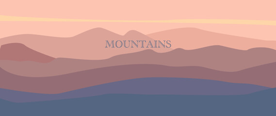 Fototapeta na wymiar Flat illustration. Vector. The mountains are depicted in pink and dark pink shades. Mountains with sunset light. Illustration for business cards, postcards, covers, wallpapers and screensavers.