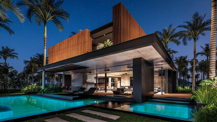 3d rendering of modern cozy house with parking and pool for sale or rent with wood plank facade by the sea or ocean. Starlight night by the azure coast with palm trees and flowers in tropical island