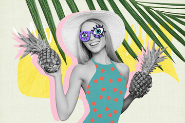 3d retro abstract creative artwork template collage of funny girl lady swag glasses holding pineapples isolated pastel color background
