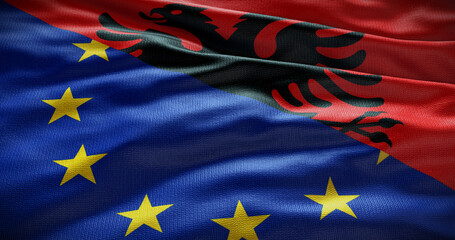 Albania and European Union flag background. Relationship between country government and EU. 3D illustration