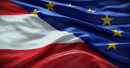 Austria and European Union flag background. Relationship between country government and EU. 3D illustration - obrazy, fototapety, plakaty