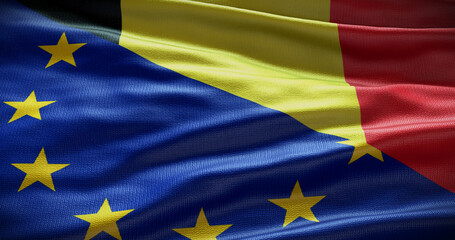 Belgium and European Union flag background. Relationship between country government and EU. 3D illustration