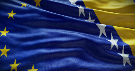 Bosnia and Herzegovina and European Union flag background. Relationship between country government and EU. 3D illustration