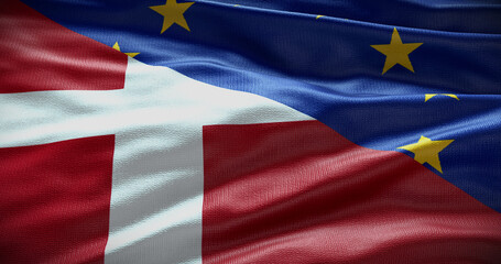 Denmark and European Union flag background. Relationship between country government and EU. 3D illustration