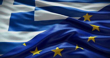 Greece and European Union flag background. Relationship between country government and EU. 3D illustration