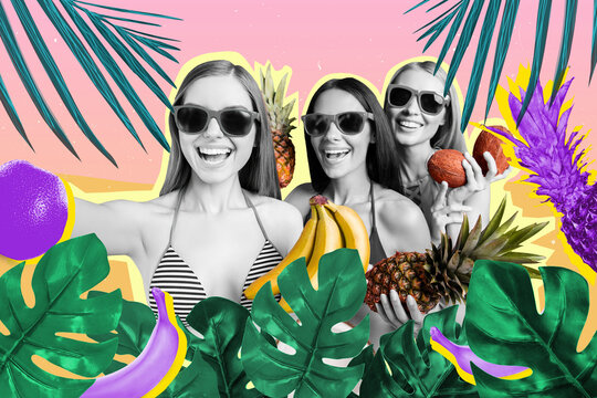 Photo of cheerful black white girls take selfie together on tropical island hawaii isolated on green leaves painting background